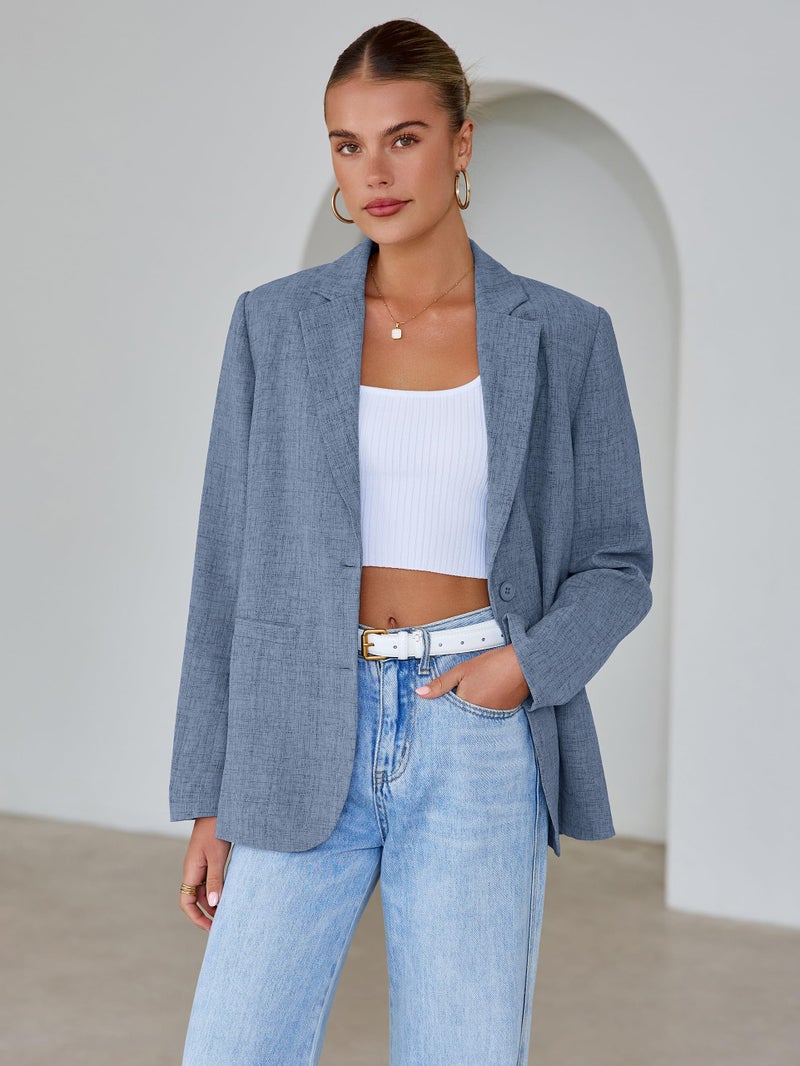Simplee Women's 2026 Business Casual Blazers Tweed Long Sleeve Lapel Open Front Button Fashion Work Office Clothes with Pockets(Blue M) - Image 3