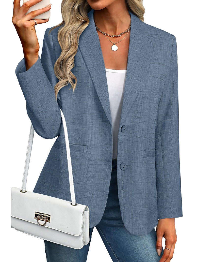 Simplee Women's 2026 Business Casual Blazers Tweed Long Sleeve Lapel Open Front Button Fashion Work Office Clothes with Pockets(Blue M) - Image 1