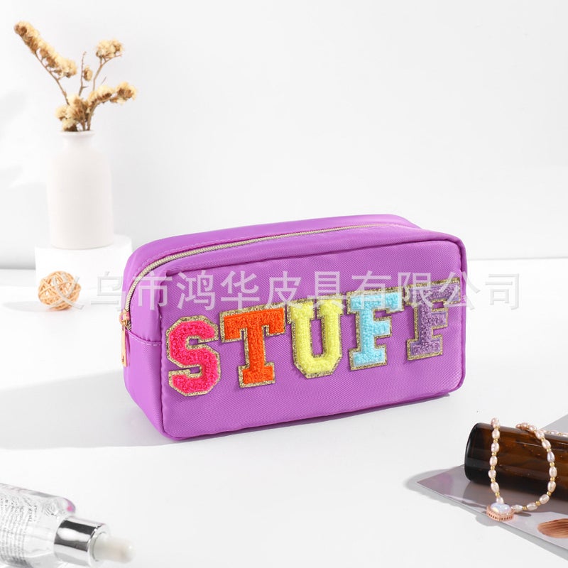 Fashion Solid Color Towel Embroidered Nylon Makeup Bag for Women Purple (STUFF)