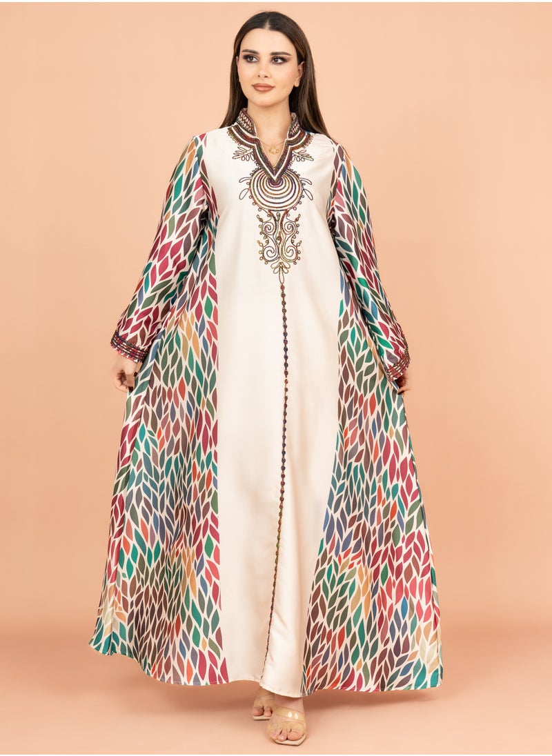 IKKXA Mandarin Collar Embroidered Jalabiya IK1013 Beige  - Image 1