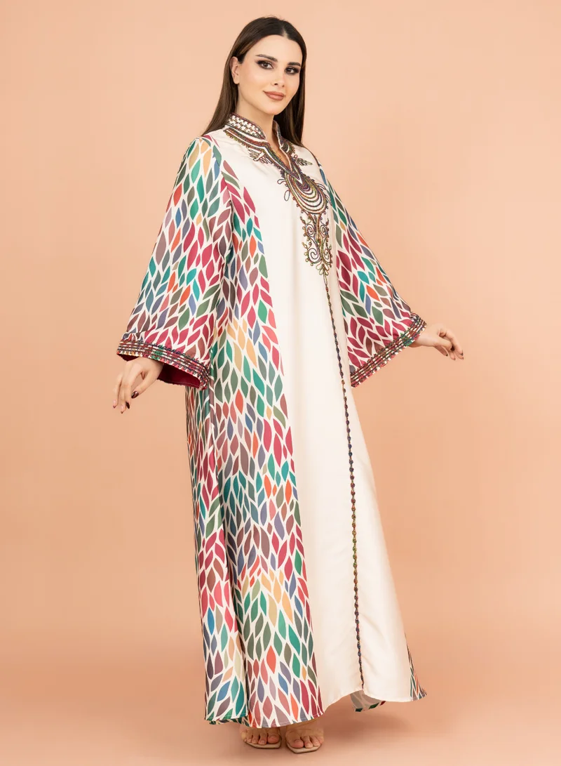 IKKXA Mandarin Collar Embroidered Jalabiya IK1013 Beige