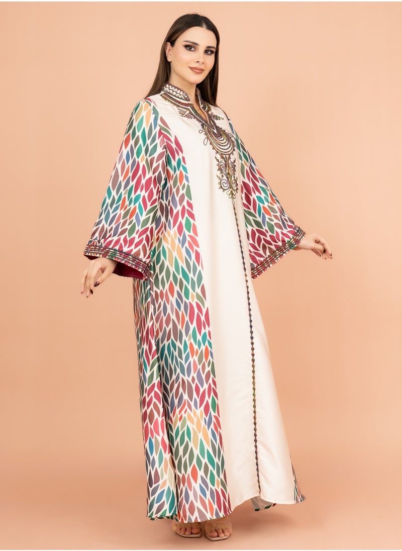 IKKXA Mandarin Collar Embroidered Jalabiya IK1013 Beige  - Image 3