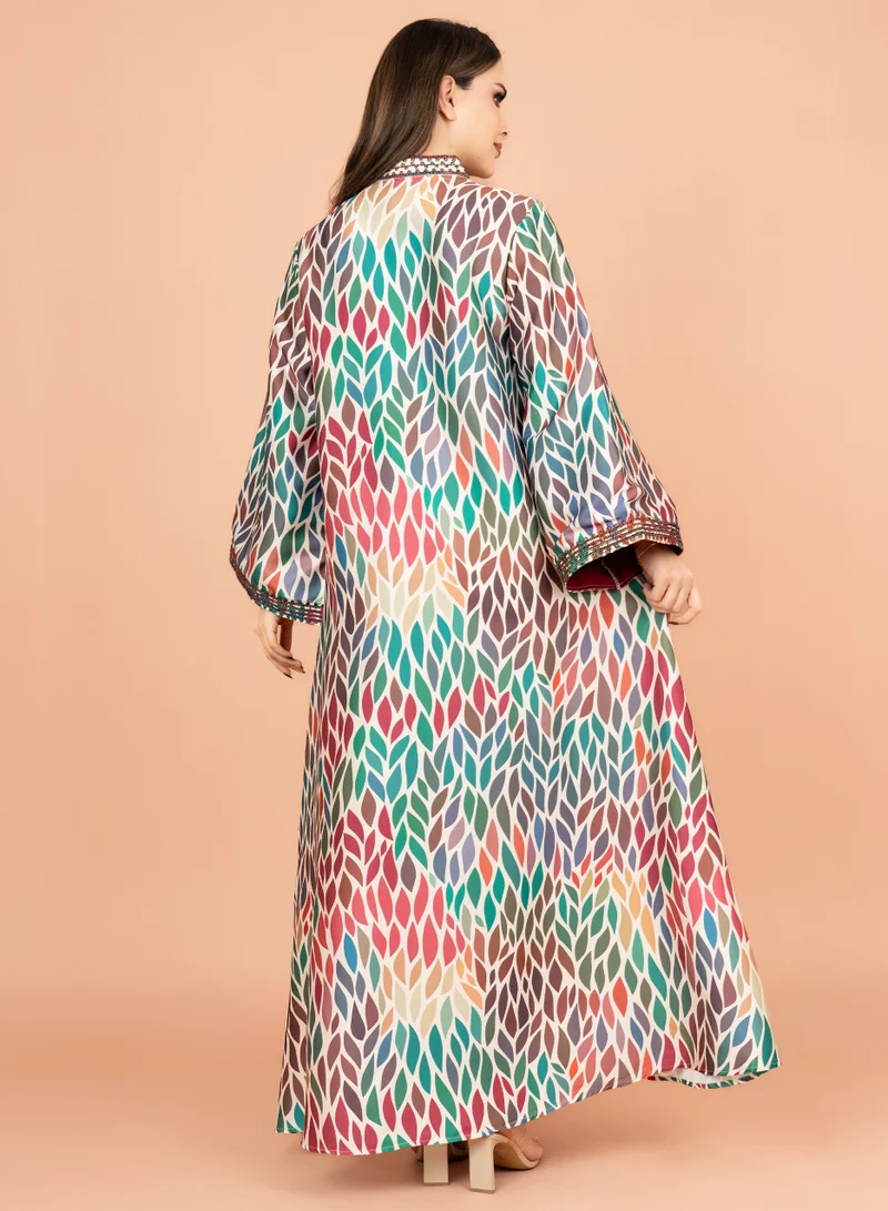IKKXA Mandarin Collar Embroidered Jalabiya IK1013 Beige