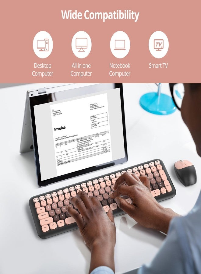 Surmen Cute Colorful Keyboard and Mouse Wireless Silent, Full-Size Retro Typewriter Wireless Quiet Black and Pink Keyboard Low-Noise 2.4GHz for Computer, Desktop, Laptop(6-Heimei) - Image 5