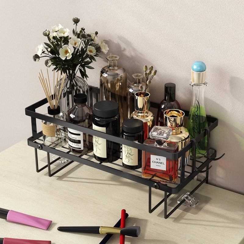 Godboat Bathroom Organizer - Over Toilet Storage, Floating Shelves with 2 Hooks, Wall Mounted Shelf Rack, Behind and Above The Tank, Gifts for Women (Black, 1-Tier) - Image 3