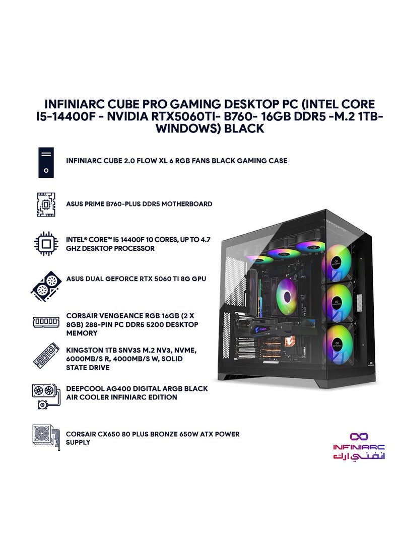 INFINIARC Cube Pro Gaming PC (Intel Core i5-14400F, RTX 5060 Ti 8GB, 16GB DDR5 5200MHz RAM, 1TB NVMe SSD, Motherboard B760, Air Cooling Windows, RGB Case, 650W PSU) – Black  - Image 3