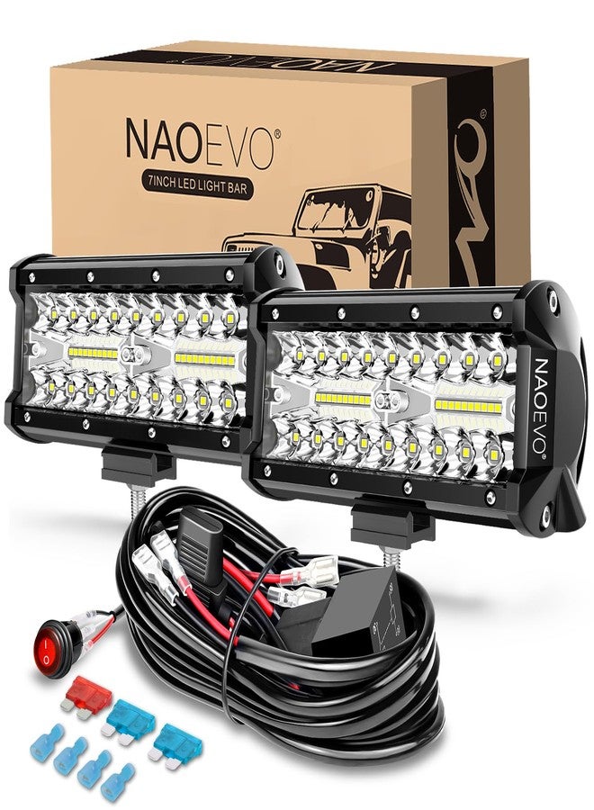 NAOEVO 7 Inch LED Light Bar, 240W 24,000LM Offroad Fog/Driving Lights LED Pods with 2 Leads Wiring Harness Kit, Spot Flood Combo Beam, Work for Truck Boat UTV ATV, 2-Pack (White) - Image 1