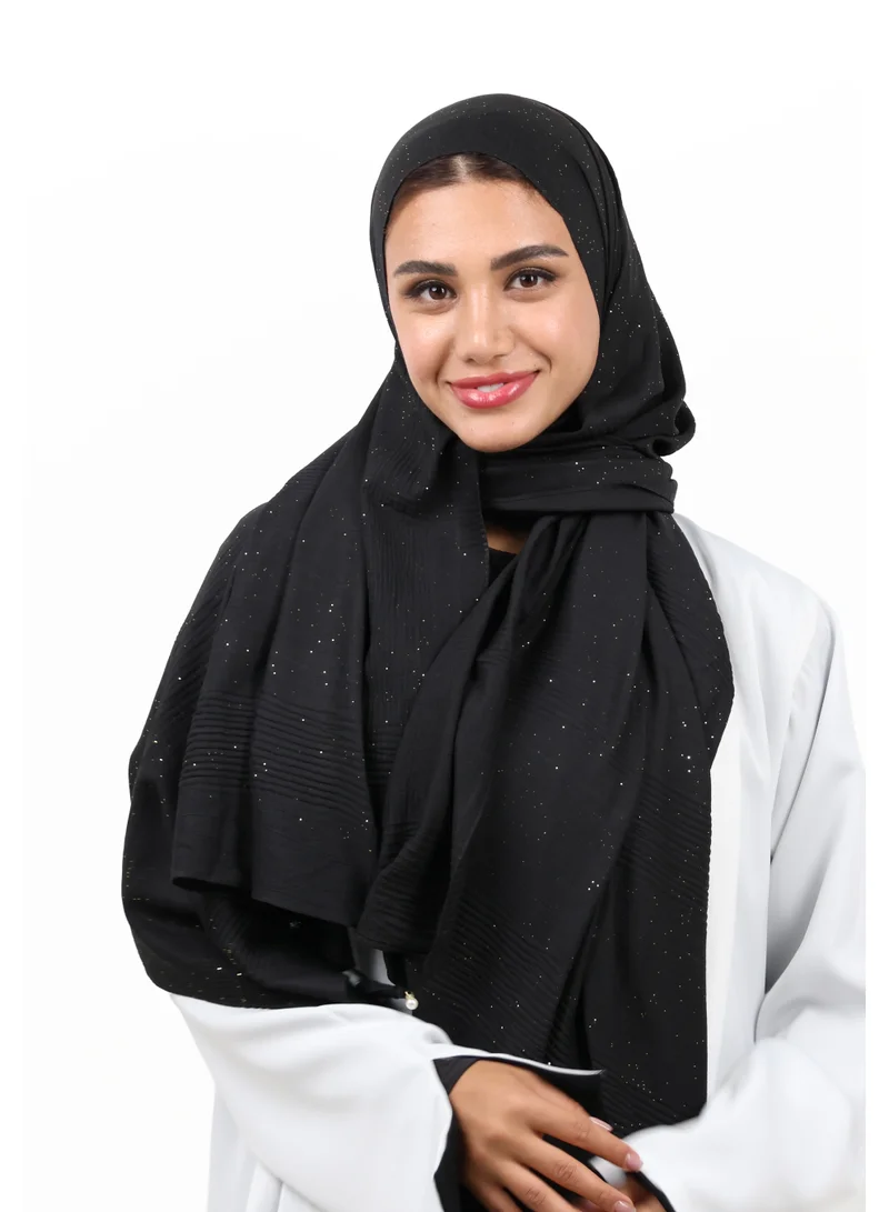 JAMEELA Premium Shimmer Crinkle Cotton Scarf with Thread & Pearl Tassels (Midnight Gold)