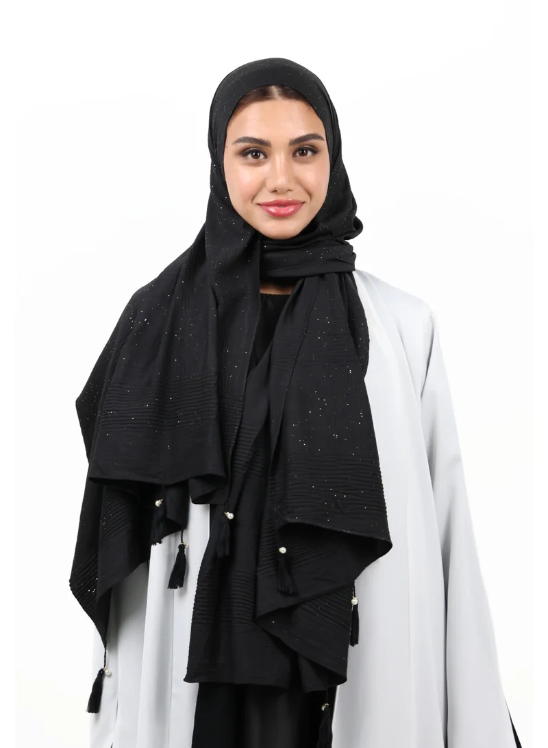 JAMEELA Premium Shimmer Crinkle Cotton Scarf with Thread & Pearl Tassels (Midnight Gold)