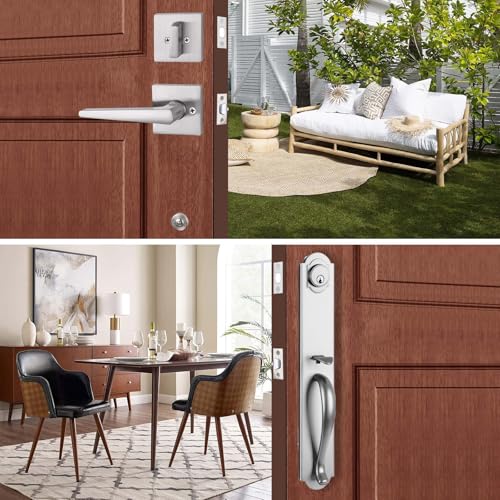 HISAFE Front Door Handle Double Door Lock Set with Camelot Trim in Satin Nickel, Entrance Handle Set with Deadbolt and Lever, X-2018SET - Image 2