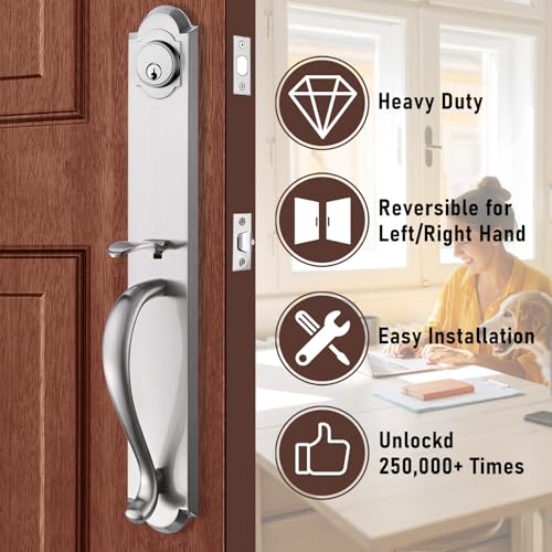HISAFE Front Door Handle Double Door Lock Set with Camelot Trim in Satin Nickel, Entrance Handle Set with Deadbolt and Lever, X-2018SET - Image 3