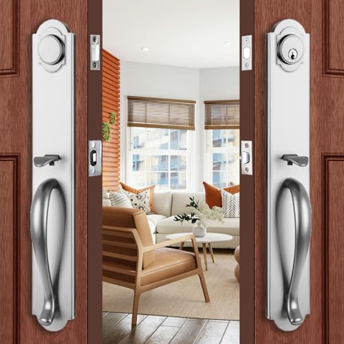HISAFE Front Door Handle Double Door Lock Set with Camelot Trim in Satin Nickel, Entrance Handle Set with Deadbolt and Lever, X-2018SET - Image 1