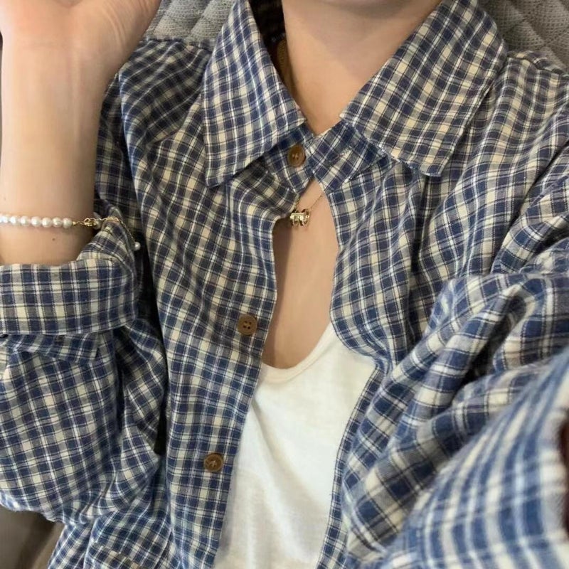 [Dark Blue Light Blue Have] Original Cloth Plaid Shirt Blue Long Shirt [] Chenille - Image 5