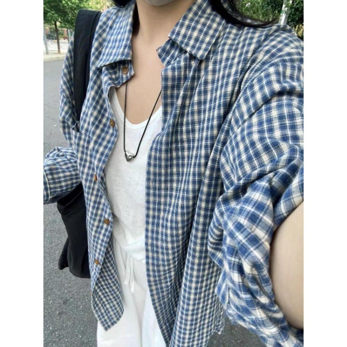[Dark Blue Light Blue Have] Original Cloth Plaid Shirt Blue Long Shirt [] Chenille - Image 1