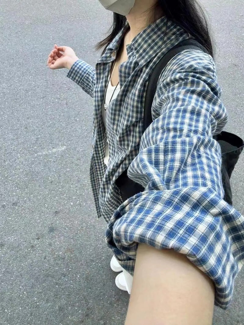 [Dark Blue Light Blue Have] Original Cloth Plaid Shirt Blue Long Shirt [] Chenille - Image 2