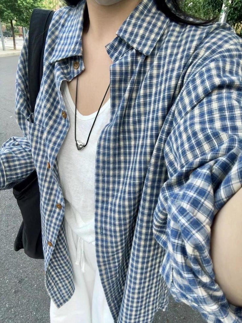 [Dark Blue Light Blue Have] Original Cloth Plaid Shirt Blue Long Shirt [] Chenille - Image 4