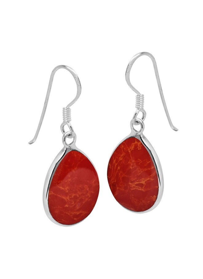 AeraVida - Chunky Teardrop Reconstructed Red Coral Inlay .925 Sterling Silver Dangle Earrings | Red Coral Teardrop Earrings | Red Coral Earrings For Women | Silver Chunky Earrings - Image 1
