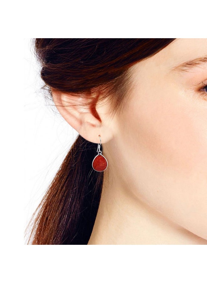AeraVida - Chunky Teardrop Reconstructed Red Coral Inlay .925 Sterling Silver Dangle Earrings | Red Coral Teardrop Earrings | Red Coral Earrings For Women | Silver Chunky Earrings - Image 1