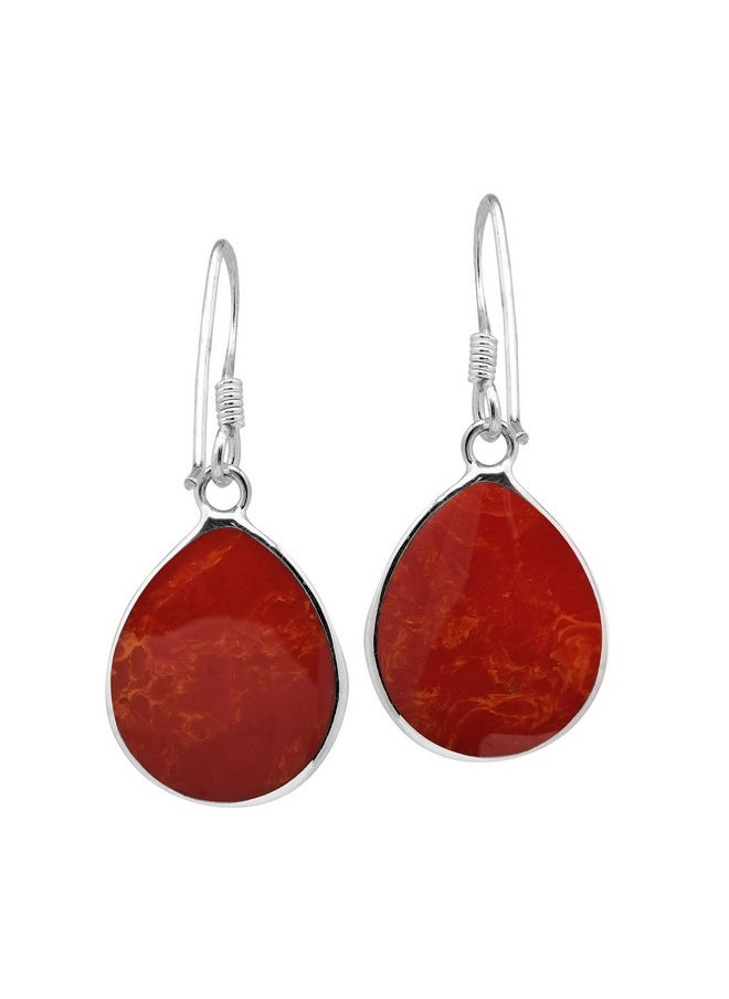 AeraVida - Chunky Teardrop Reconstructed Red Coral Inlay .925 Sterling Silver Dangle Earrings | Red Coral Teardrop Earrings | Red Coral Earrings For Women | Silver Chunky Earrings - Image 1