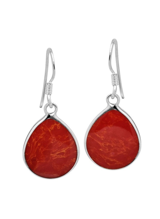 AeraVida - Chunky Teardrop Reconstructed Red Coral Inlay .925 Sterling Silver Dangle Earrings | Red Coral Teardrop Earrings | Red Coral Earrings For Women | Silver Chunky Earrings - Image 1