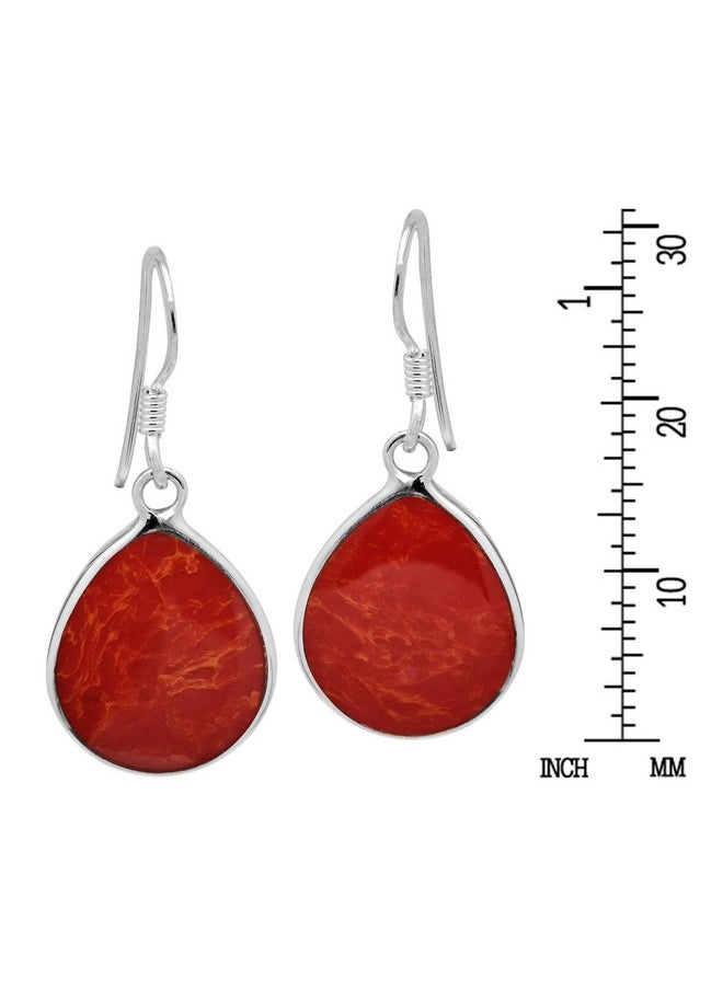 AeraVida - Chunky Teardrop Reconstructed Red Coral Inlay .925 Sterling Silver Dangle Earrings | Red Coral Teardrop Earrings | Red Coral Earrings For Women | Silver Chunky Earrings - Image 1