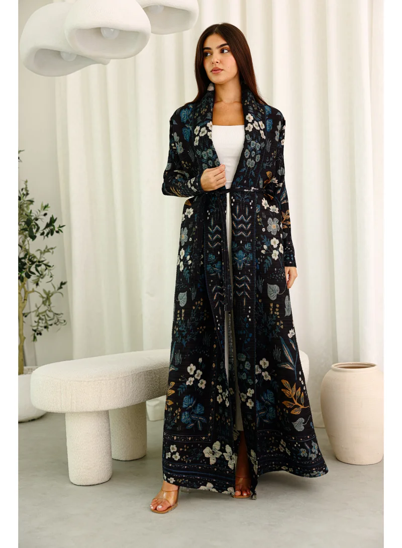 Dark Floral Printed Open Belted Freesize Abaya