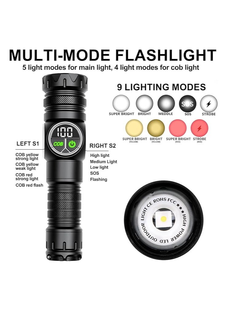 Siuyiu Flashlights High Lumens, USB Rechargeable Flashlights, Super Bright Flash Light with COB Light, Tactical Flashlights with Powerful Powerful Digital Display, LED Flashlight with 9 Modes - Image 4