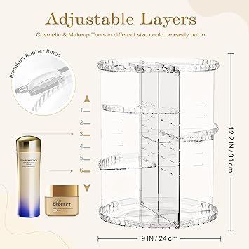 KAHEIGN 360 Rotating Makeup Organizer Acrylic Adjustable Comestic Holder 8 Layers Large Capacity Make up Storage Stand Rack for Perfume Skincare Lipstick Dresser Bedroom Bathroom Clear Diamond - Image 4