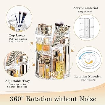KAHEIGN 360 Rotating Makeup Organizer Acrylic Adjustable Comestic Holder 8 Layers Large Capacity Make up Storage Stand Rack for Perfume Skincare Lipstick Dresser Bedroom Bathroom Clear Diamond - Image 2