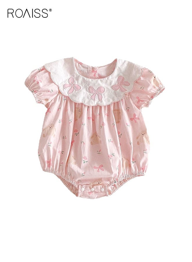 roaiss Baby Girls Playsuit with Back Buttons, Adorable Bodysuit with Floral and Animal Patterns, Short Sleeve Jumpsuit, Newborn Summer Clothes, Casual Tops for Infants, Easy to Wear and Change Diapers  - Image 1