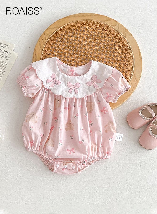roaiss Baby Girls Playsuit with Back Buttons, Adorable Bodysuit with Floral and Animal Patterns, Short Sleeve Jumpsuit, Newborn Summer Clothes, Casual Tops for Infants, Easy to Wear and Change Diapers  - Image 2