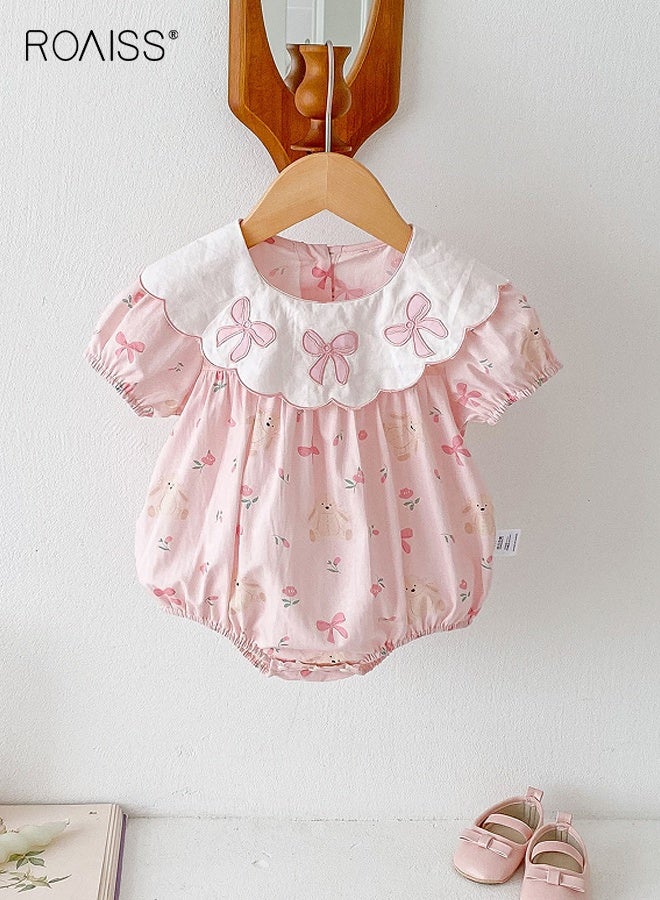 roaiss Baby Girls Playsuit with Back Buttons, Adorable Bodysuit with Floral and Animal Patterns, Short Sleeve Jumpsuit, Newborn Summer Clothes, Casual Tops for Infants, Easy to Wear and Change Diapers  - Image 4