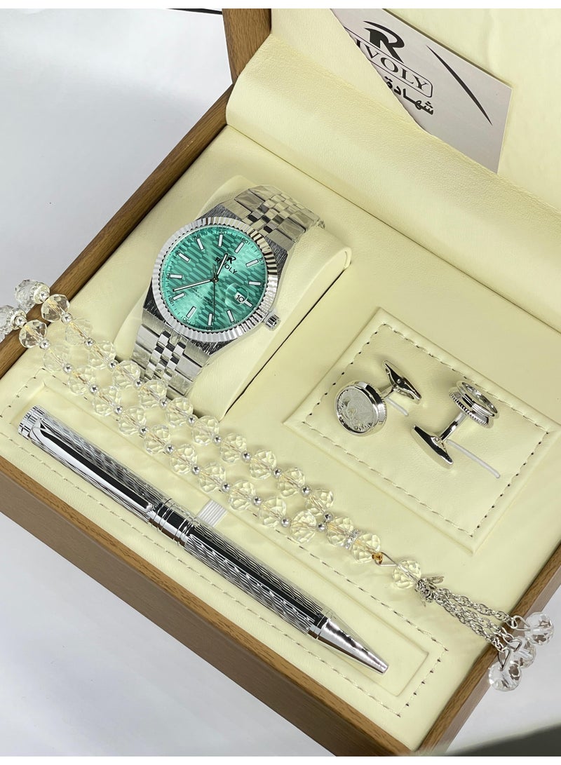 ريفولي طقم رجالي من الستانلس ستيل يتكون من ساعة وسبحة وقلم وازرار اكمام - Image 1