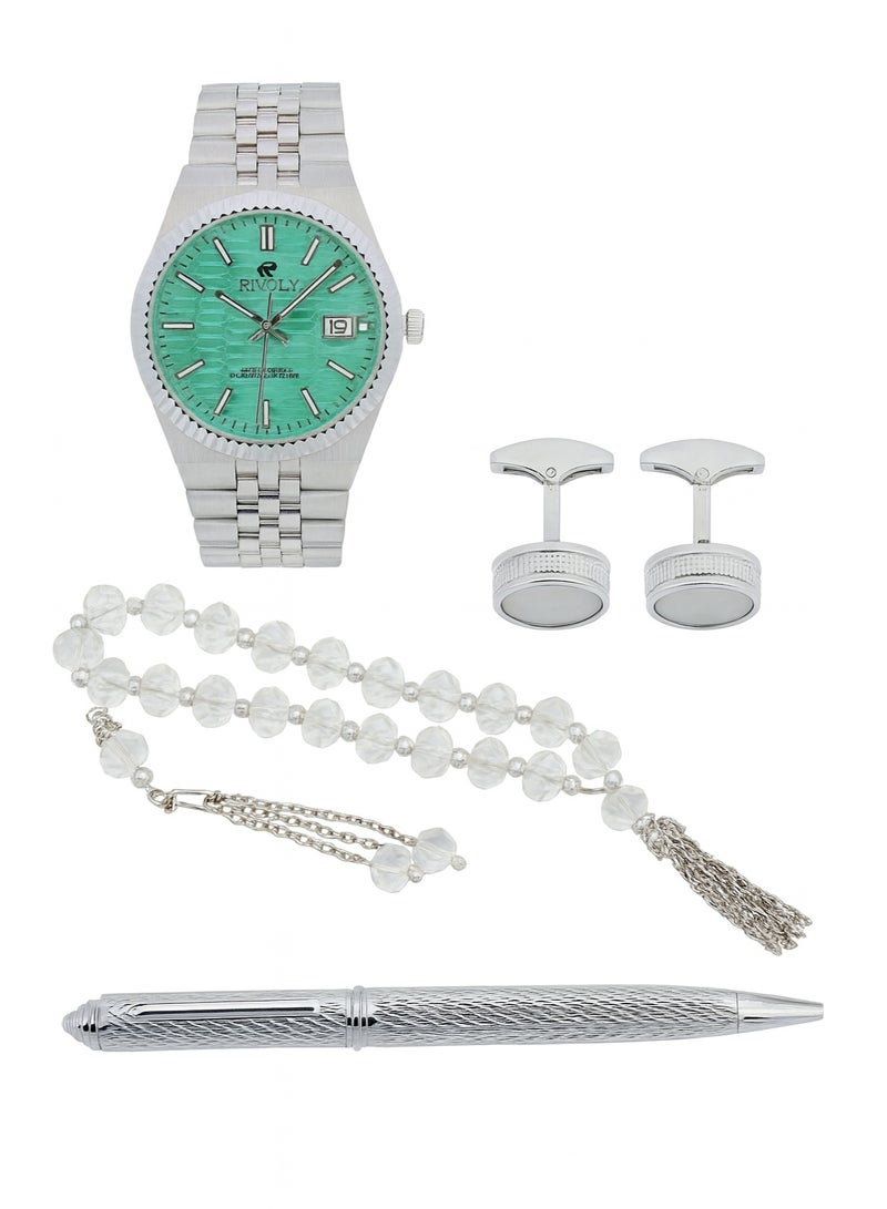 ريفولي طقم رجالي من الستانلس ستيل يتكون من ساعة وسبحة وقلم وازرار اكمام - Image 2