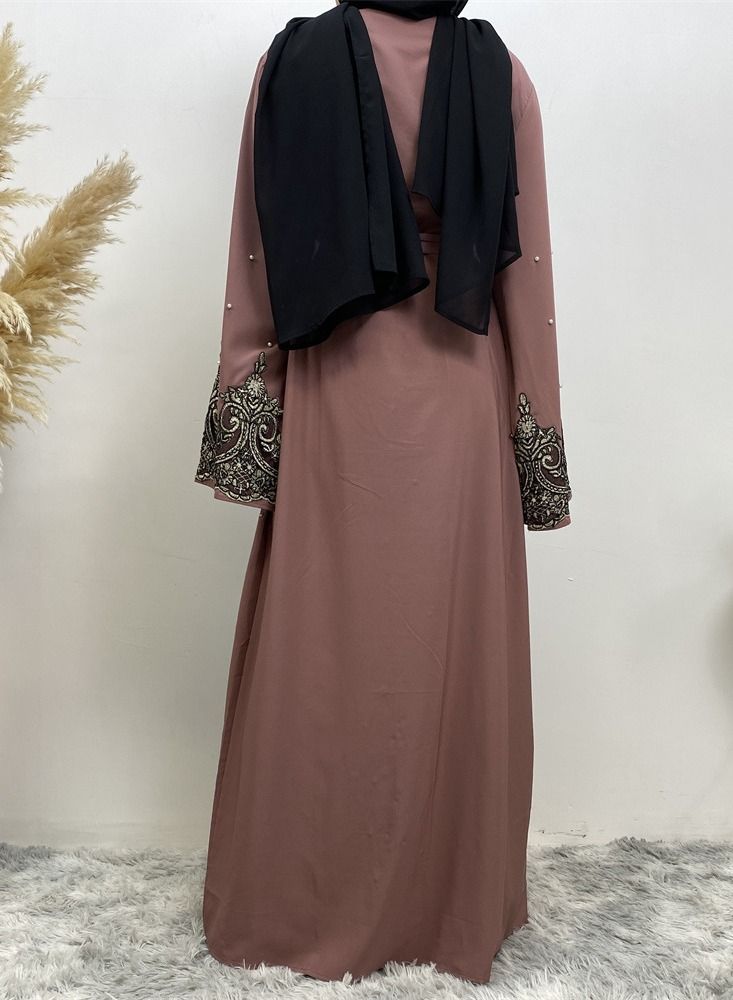 Loquat Embroidered Beaded Cardigan Gown Abaya Purple - Image 3