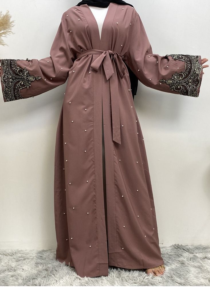 Loquat Embroidered Beaded Cardigan Gown Abaya Purple - Image 1