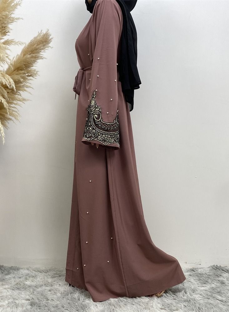 Loquat Embroidered Beaded Cardigan Gown Abaya Purple - Image 2