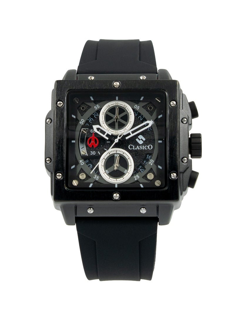 Clasico ساعة كربون بلاك إيديشن للرجال من إندورانس ألترا | حركة كوارتز ي121 ذات 6 عقارب | قرص مستطيل مقاوم للماء | حزام سيليكون أصلي - Image 1