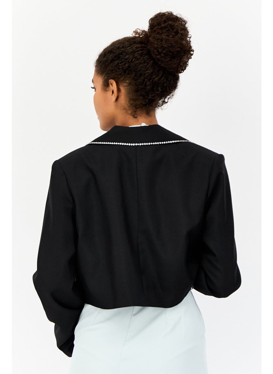 As You - Women Regular Fit Diamante Trim Crop Blazer, Black - Image 1