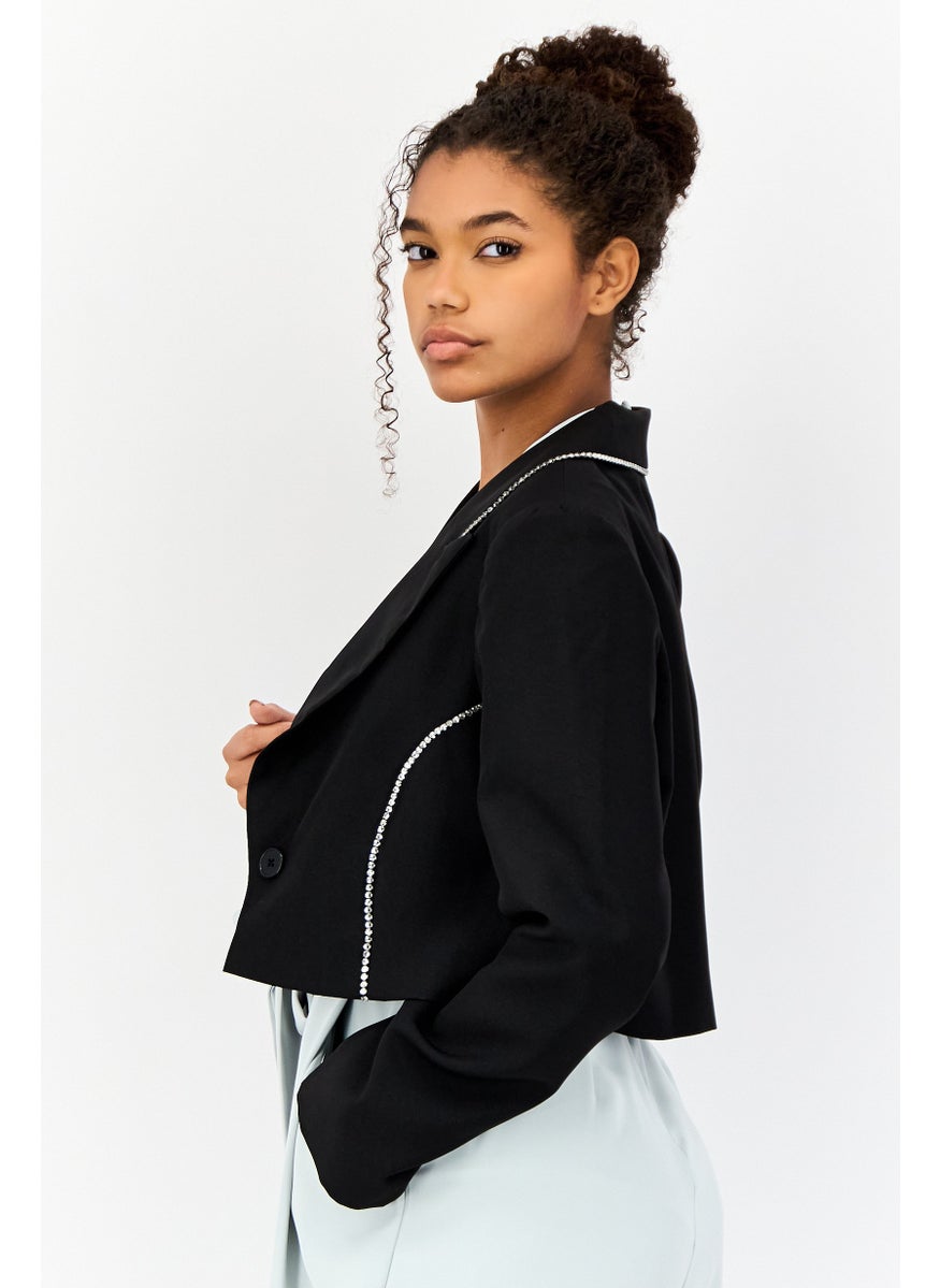 As You - Women Regular Fit Diamante Trim Crop Blazer, Black - Image 1