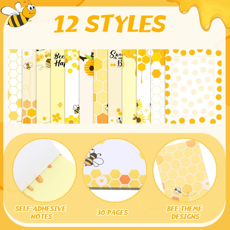 Chiisong 12 Pieces Bee Sticky Notes Bee Notepads Gifts 3x4 Inch Adhesive Honey Memo Notes for Women to Do List for Memo Reminder List for Office Home Supplies Teachers Gift - Image 2