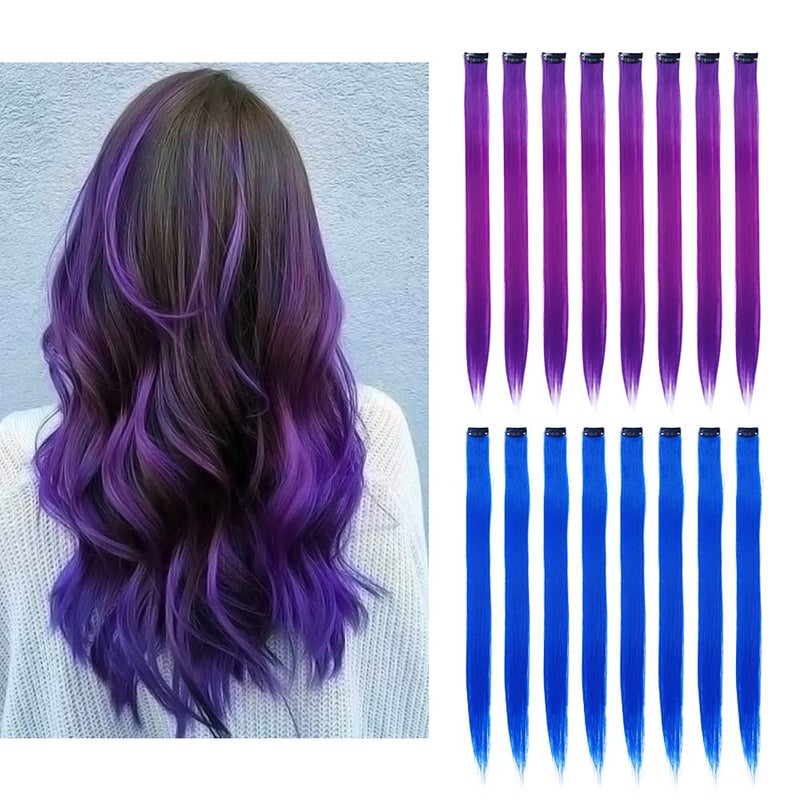 16Pcs Color Clip in Hair Extensions Purple Blue Multiple Color Hair 20inch Colorful Straight Fashion Clip on Hairpieces for Girls WomenPurple  Blue
