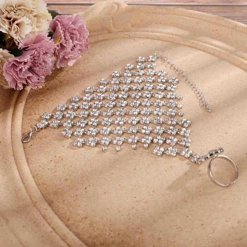 Missgrace Boho Layered Tassel Luxurious Rhinestones Finger Bracelet with Rings Slave Vintage Sparkling Finger Chain Bracelet Summer Ring Rhinestones Wedding Bracelet Hand Chain Jewelry for Women - Image 5