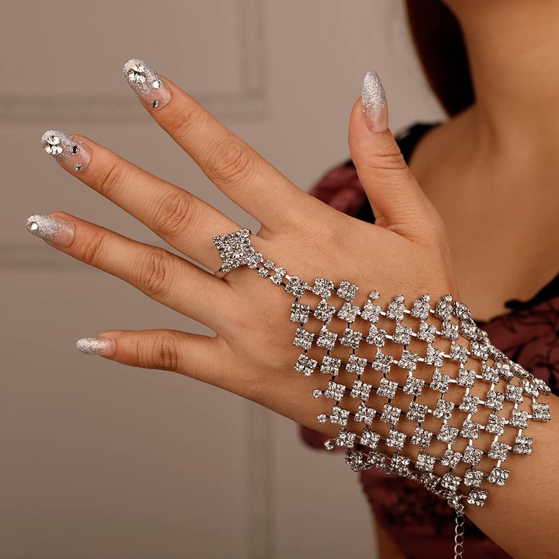 Missgrace Boho Layered Tassel Luxurious Rhinestones Finger Bracelet with Rings Slave Vintage Sparkling Finger Chain Bracelet Summer Ring Rhinestones Wedding Bracelet Hand Chain Jewelry for Women - Image 3