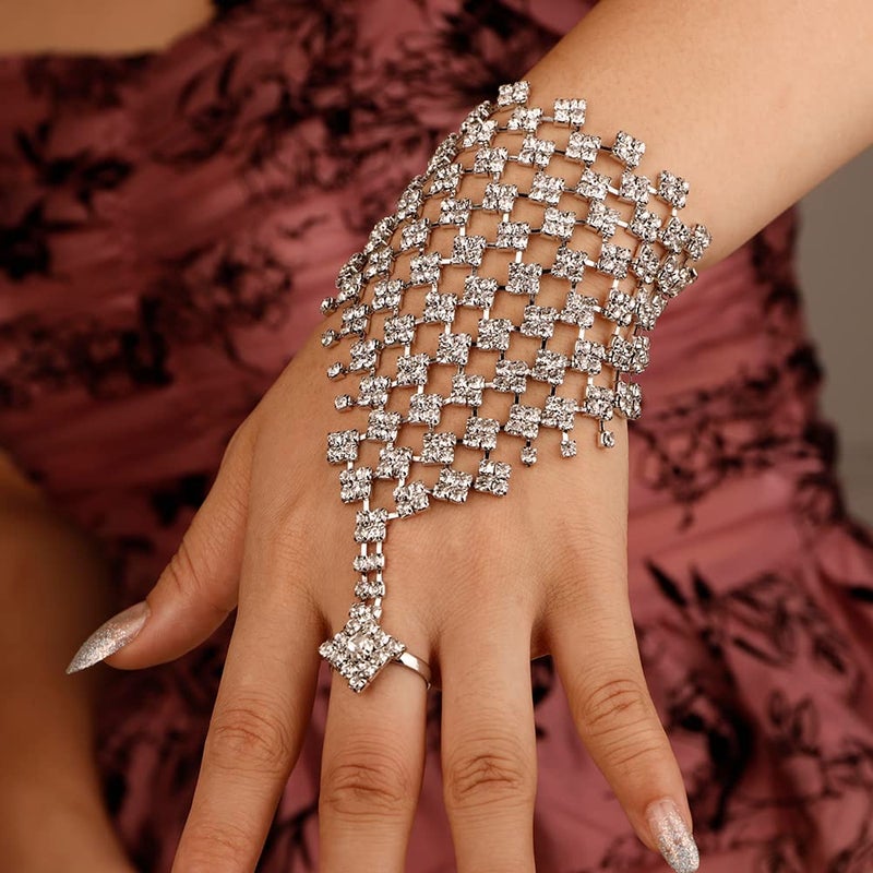 Missgrace Boho Layered Tassel Luxurious Rhinestones Finger Bracelet with Rings Slave Vintage Sparkling Finger Chain Bracelet Summer Ring Rhinestones Wedding Bracelet Hand Chain Jewelry for Women - Image 2