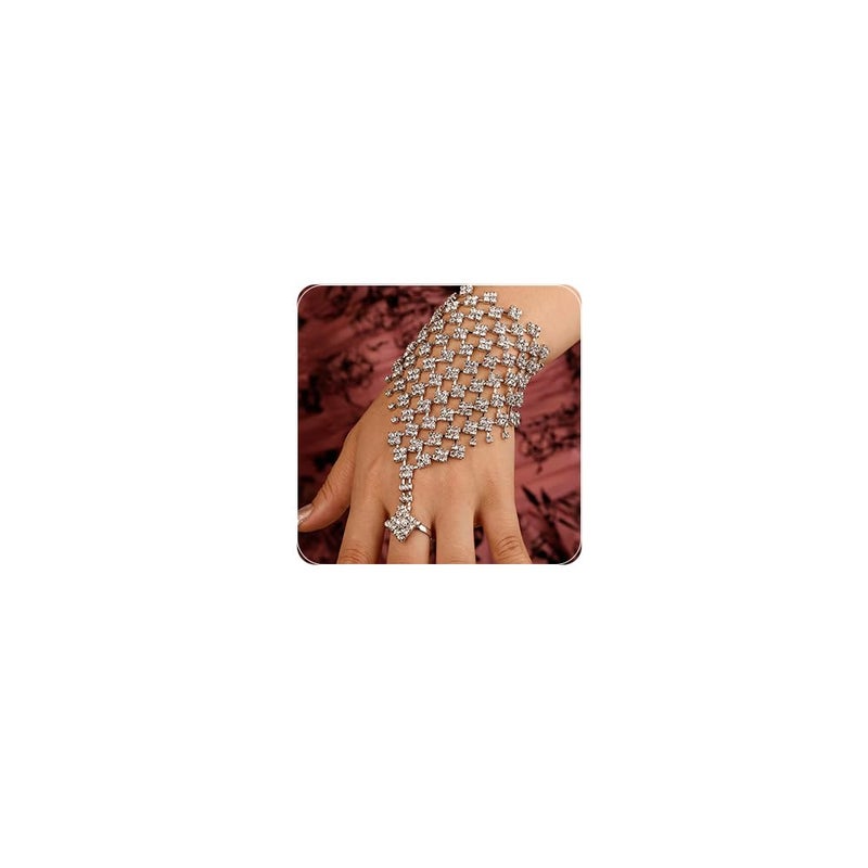 Missgrace Boho Layered Tassel Luxurious Rhinestones Finger Bracelet with Rings Slave Vintage Sparkling Finger Chain Bracelet Summer Ring Rhinestones Wedding Bracelet Hand Chain Jewelry for Women - Image 1