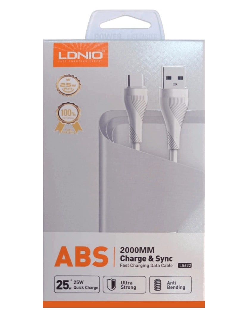 Ldnio LS622 USB Type A to Type C 2M Cable, perfect for fast charging and data transfer between USB-C supported devices such as smartphones, tablets, and laptops. Offers efficient fast charging and smooth data syncing.