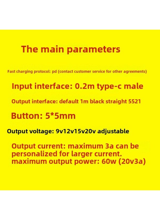 PD Fast Charging TYPEC Power Supply 9V12V15V20V3A Digital Tube Voltage Display Line Base Circle Adjustable Line-Color:Output 1 M Black Straight 5521