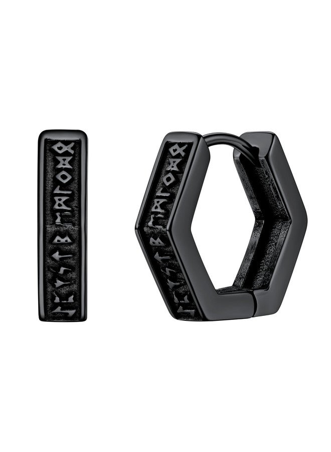 يو7 أقراط يو 7 فايكنغ رونية، أقراط رجالية سوداء حلقية الشكل من الفولاذ المقاوم للصدأ، أقراط سداسية الشكل، مضادة للحساسية، مجوهرات نورسية، هدايا للرجال - Image 1