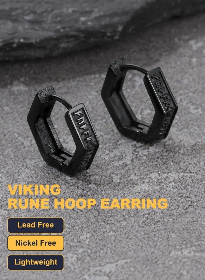 يو7 أقراط يو 7 فايكنغ رونية، أقراط رجالية سوداء حلقية الشكل من الفولاذ المقاوم للصدأ، أقراط سداسية الشكل، مضادة للحساسية، مجوهرات نورسية، هدايا للرجال - Image 5